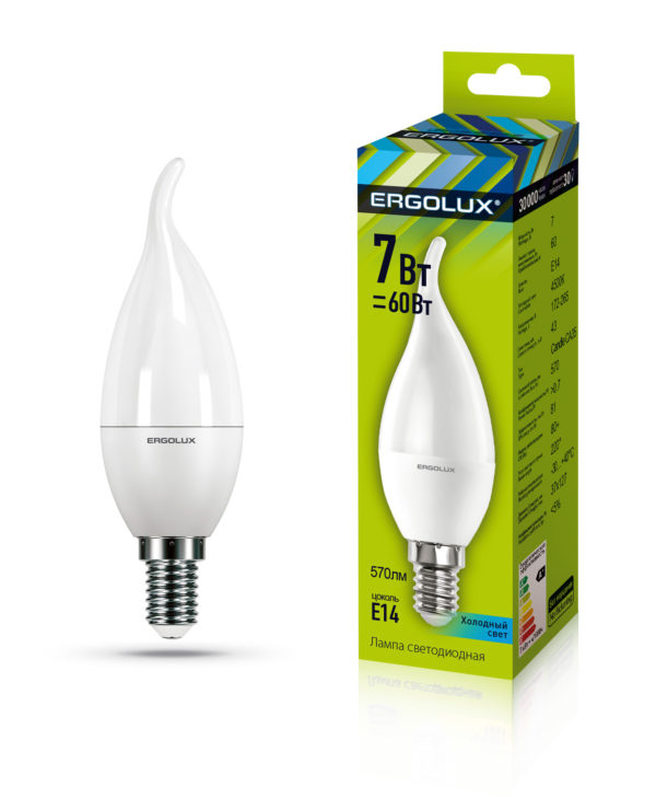 Эл. лампа светодиодная Ergolux LED-CА35-7W-E14-4K (Свеча на ветру 7Вт E14 4500K 172-265В,ан.60Вт)10