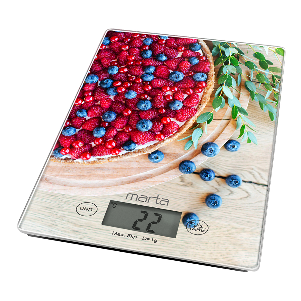 Весы кухонные MARTA MT-1634 ягодный пирог (прямоуг, электронные, термометр, 5 кг/1г) 12/уп