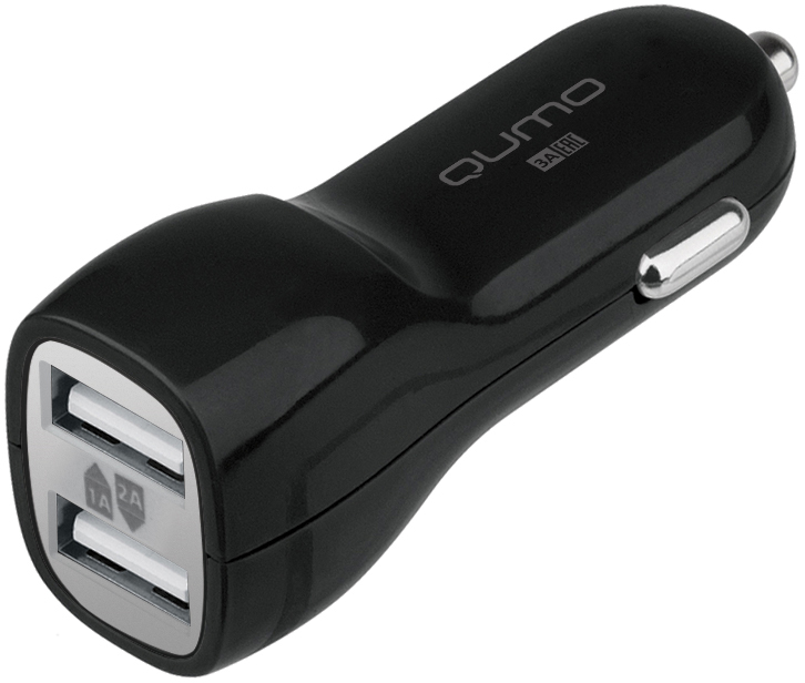 Авто зарядное устр-во Qumo 3A, 2 USB, 1A+2A черный (Charger 0061)