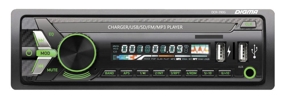 Авто магнитола  Digma DCR-390G (USB/SD/MMC/AUX MP3 4*45Вт 18FM зел подсв)